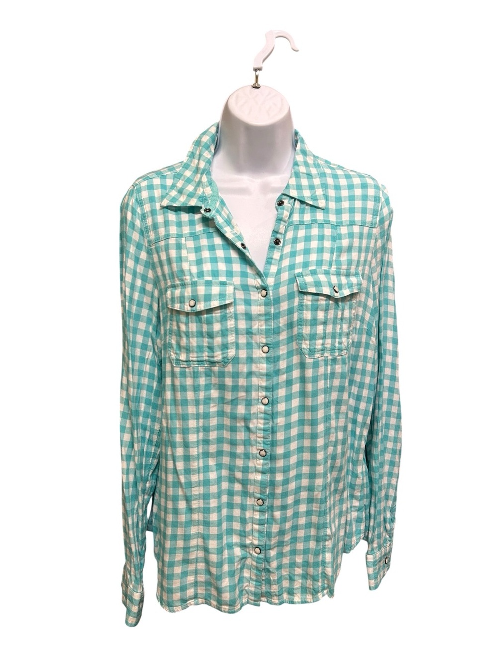 Maurices Aqua Plaid Button Down Gingham Snap Front Blouse Top Size M